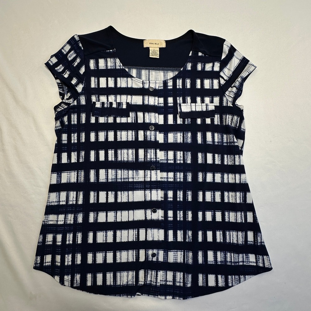 Diana Belle Womens Navy Blue White Grid Print Cap Sleeve Button Up Top‎ Large